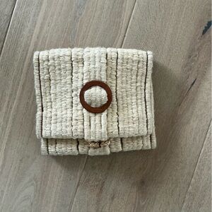 Vintage Beige Textured Clutch with Wooden Accent